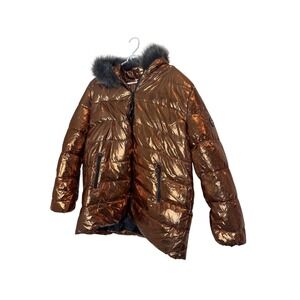 White Mark Coat Womens 2XL Brown Metallic Puffer Jacket Hooded Faux Fur Quilted